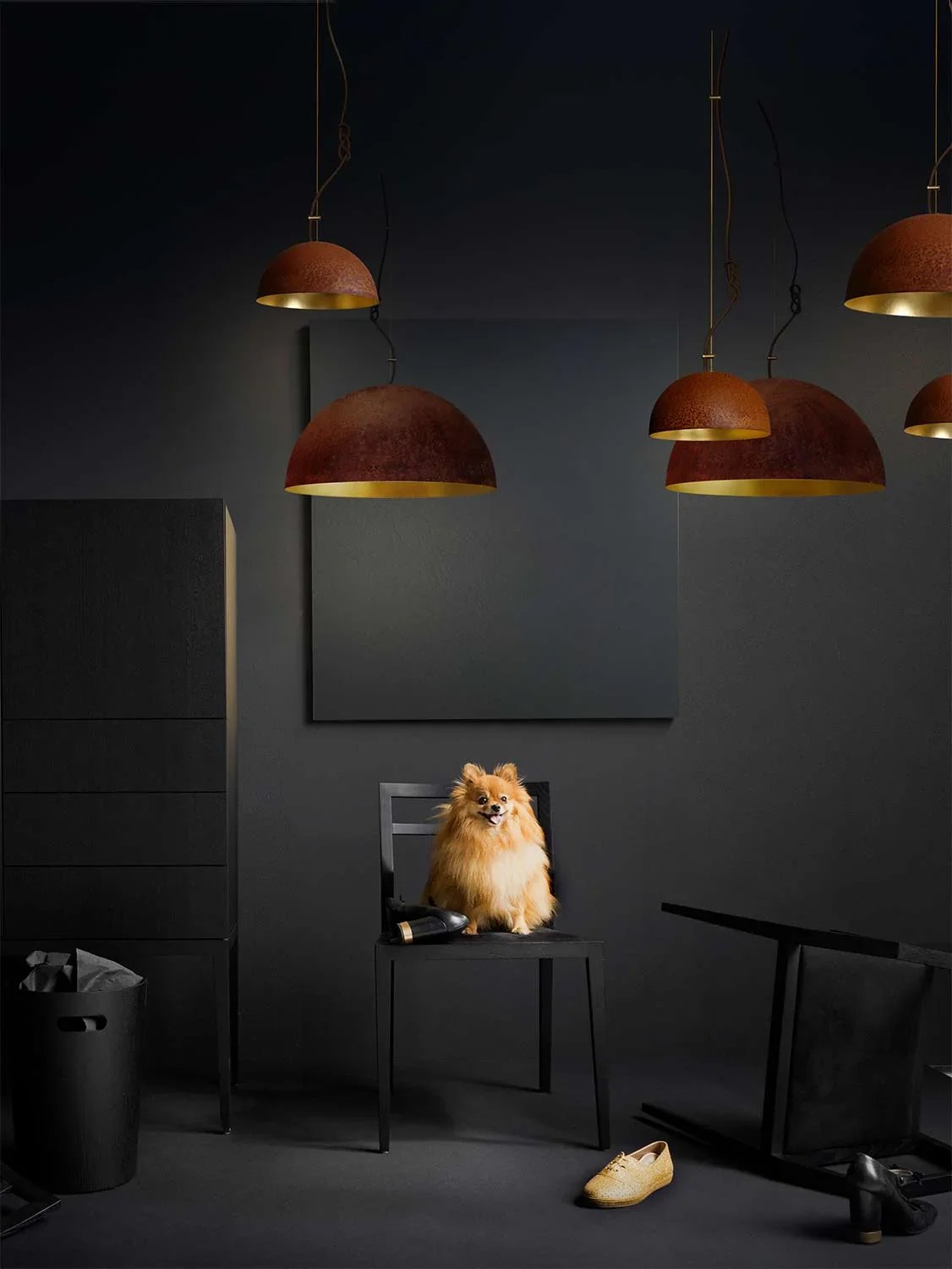 Mammalampa Queen Pendant Light, Small, pendants in a moody black interior with a dog and slippers