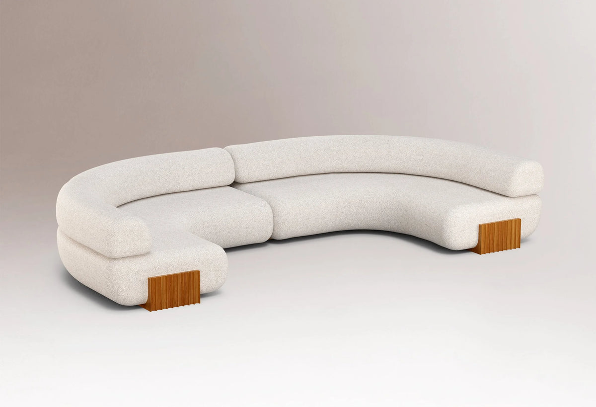 Carmel Curved Modular Sofa - 2 Piece in cream bouclé with wood accents, front view