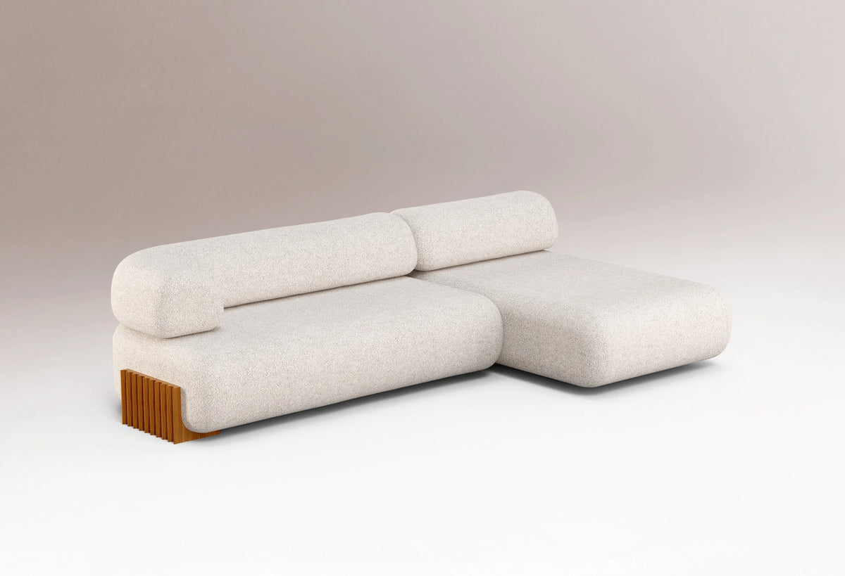 Carmel Modular Sofa With Chaise in ivory bouclé with fluted wood block, chaise right