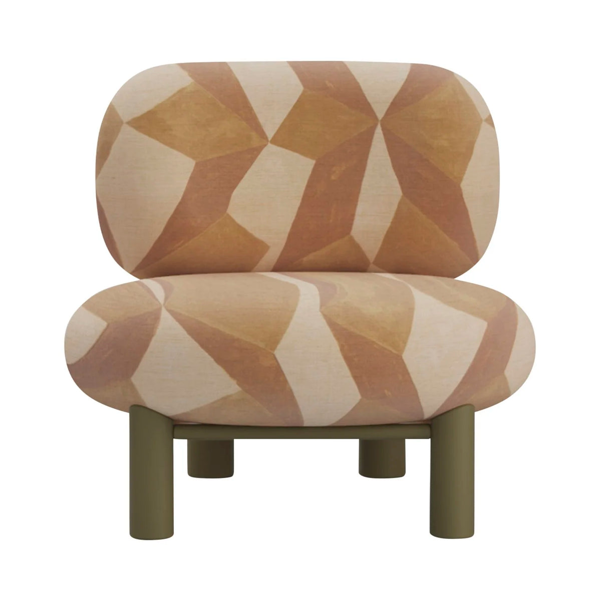 Aimi Lounge Chair in peach geometric fabric with olive legs, front view