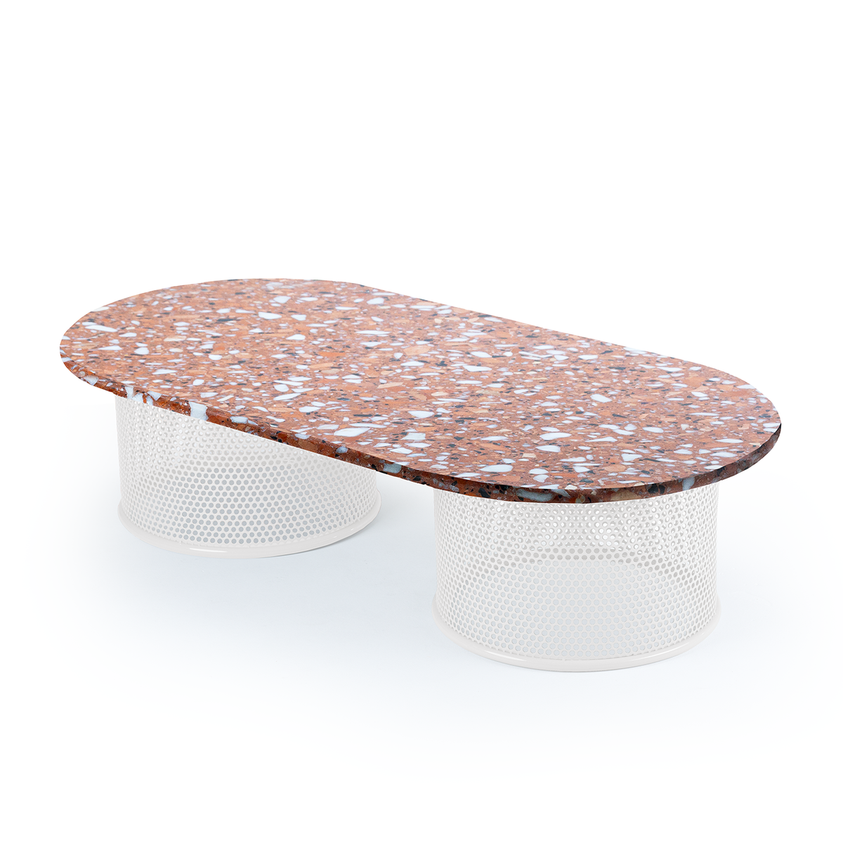 Riviera Coffee Table in red terrazzo on white perforated metal bases
