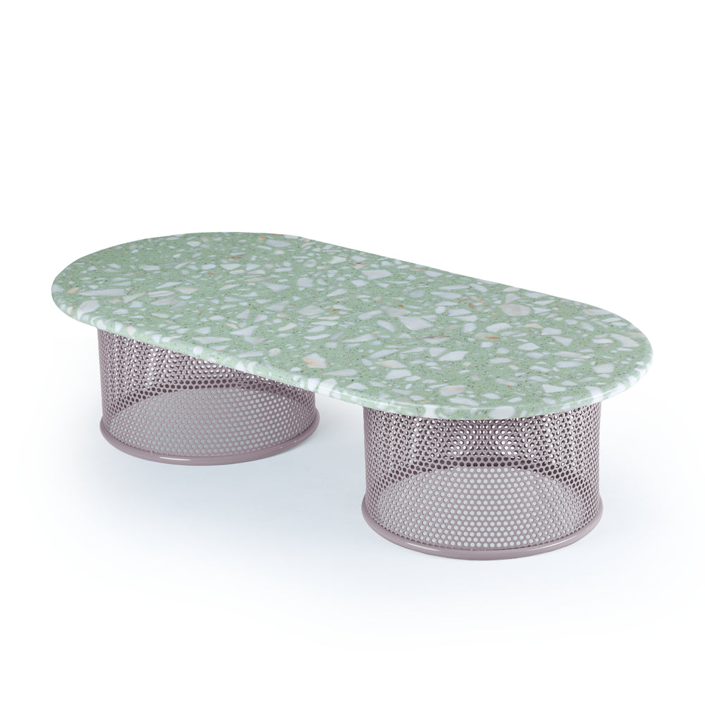 Riviera Coffee Table in green terrazzo on pink perforated metal bases