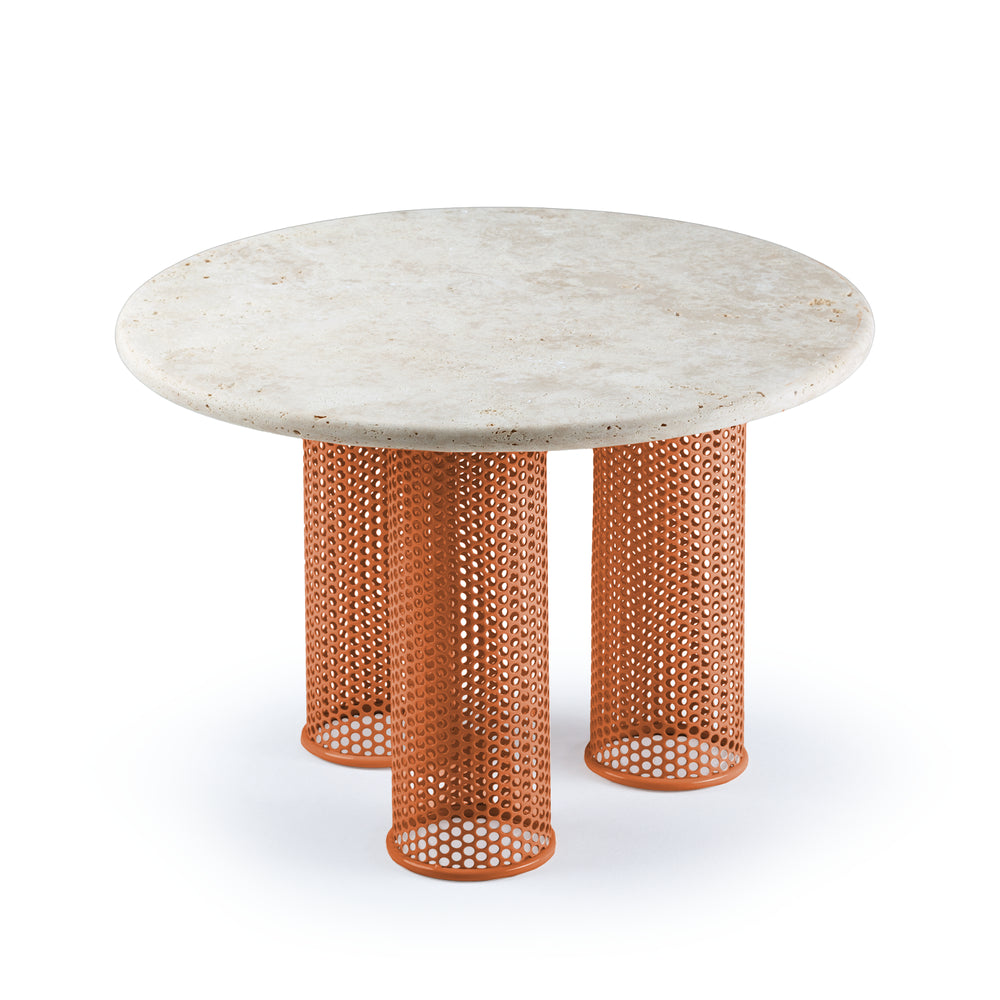 Riviera Side Table with Travertine top on orange perforated metal legs