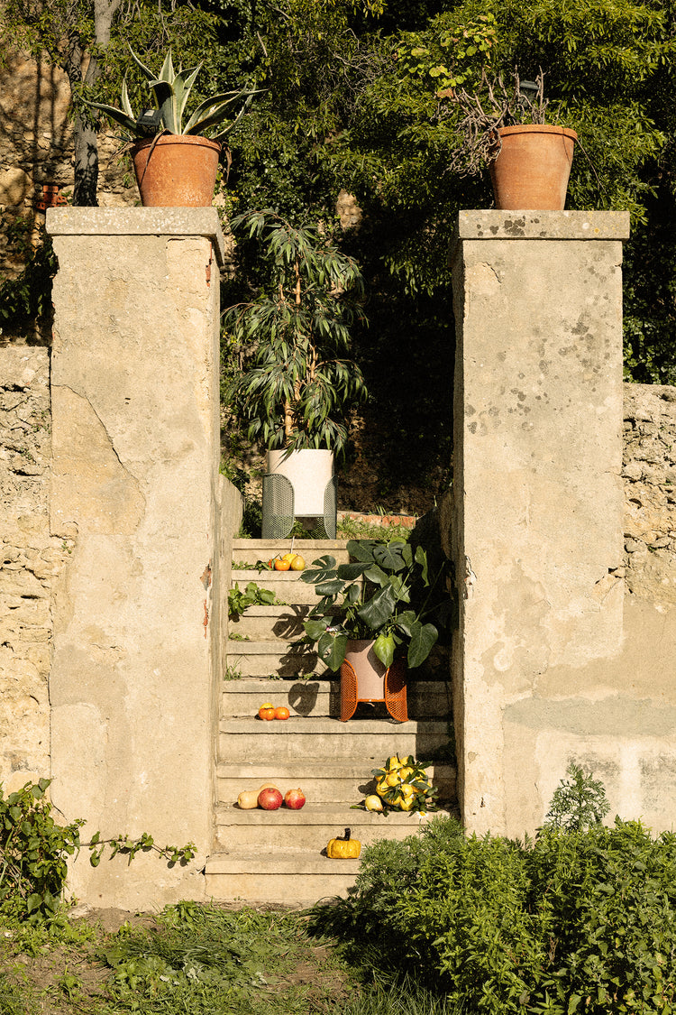 Riviera Vases on garden steps between old stone pillars