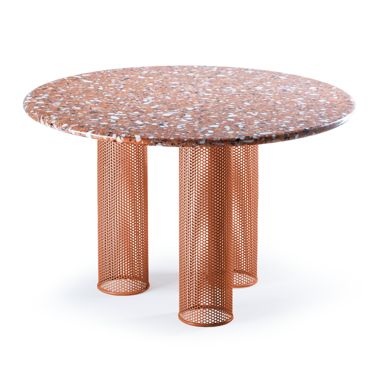 Riviera Dining Table with Terrazzo Red top on three perforated Salmon columns