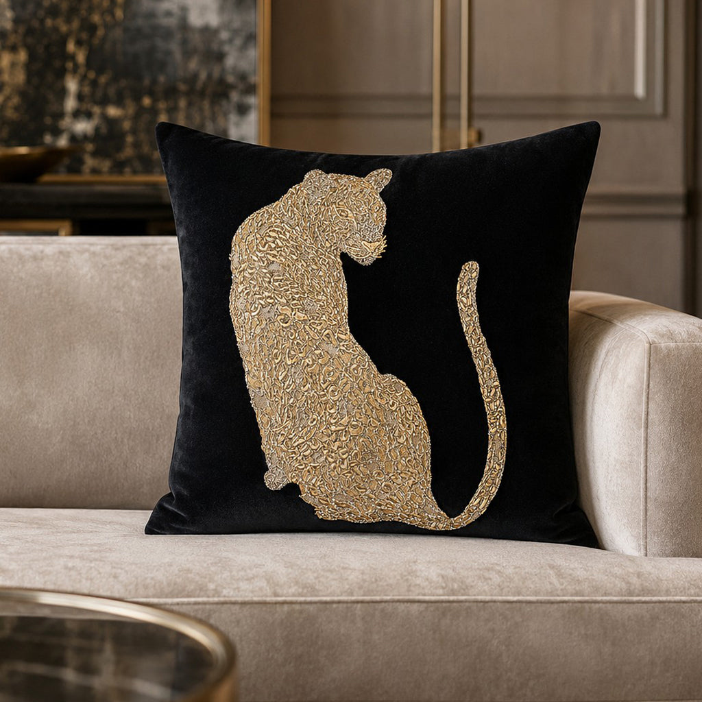 Safara Panther Black Gold Pillow, styled in a living room by Maison Burgos