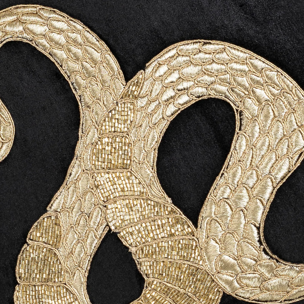 Safara Snake Black Gold Pillow, fabric close-up by Maison Burgos