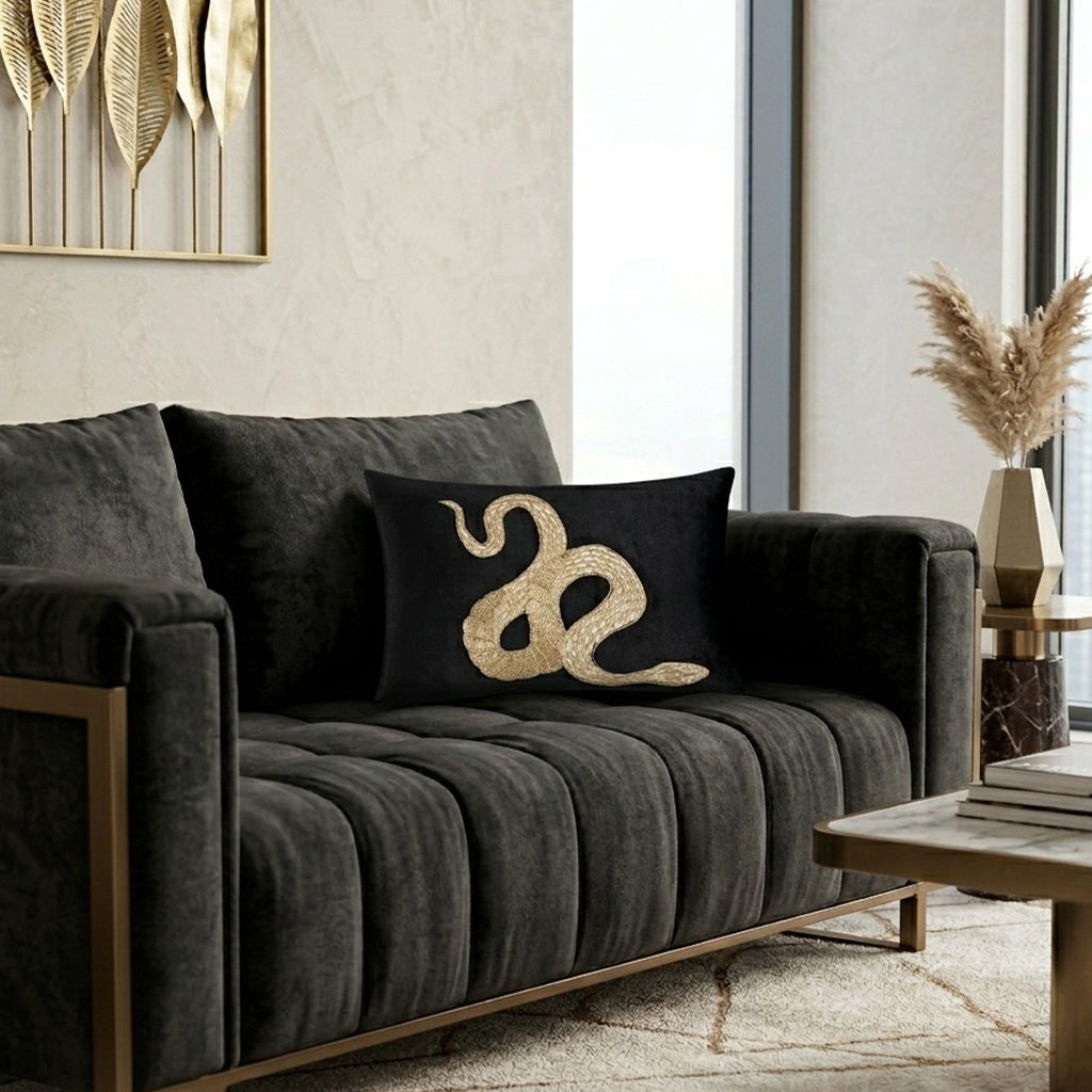 Safara Snake Black Gold Pillow, styled in a living room by Maison Burgos