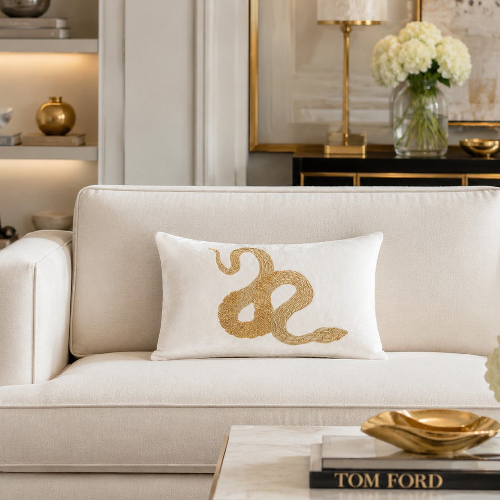 Safara Snake Ivory Gold Pillow, styled in a living room by Maison Burgos