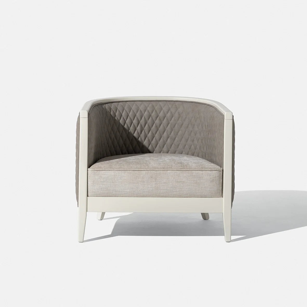 Saten Armchair in quilted taupe with ivory frame, front three-quarter view