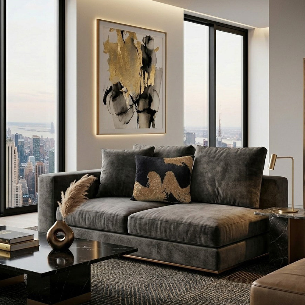 Sayra Pillow, Black Gold, styled in a living room by Maison Burgos