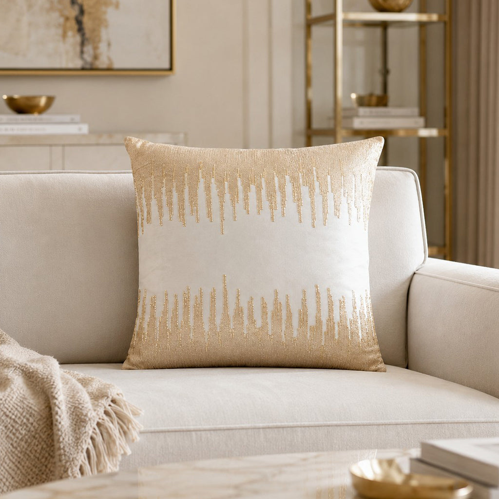 Sayra Pillow - Ivory Gold, styled in a living room by Maison Burgos