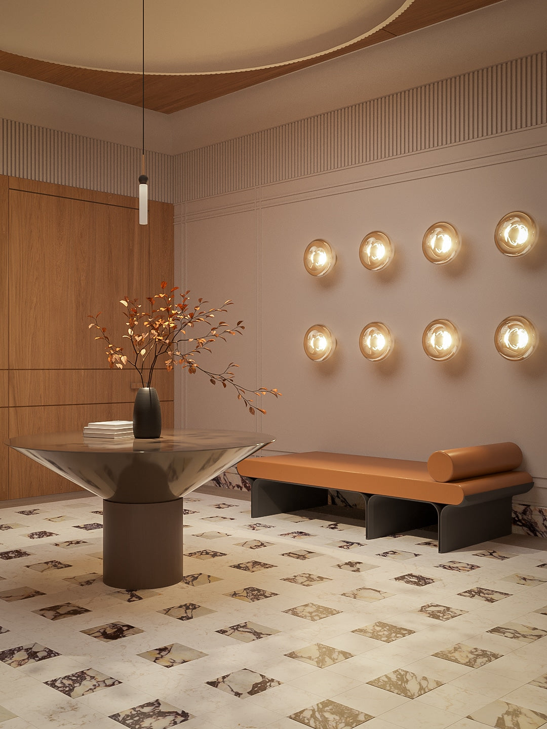 Silo Dining Table in taupe lacquer with a vase of branches beside a leather daybed