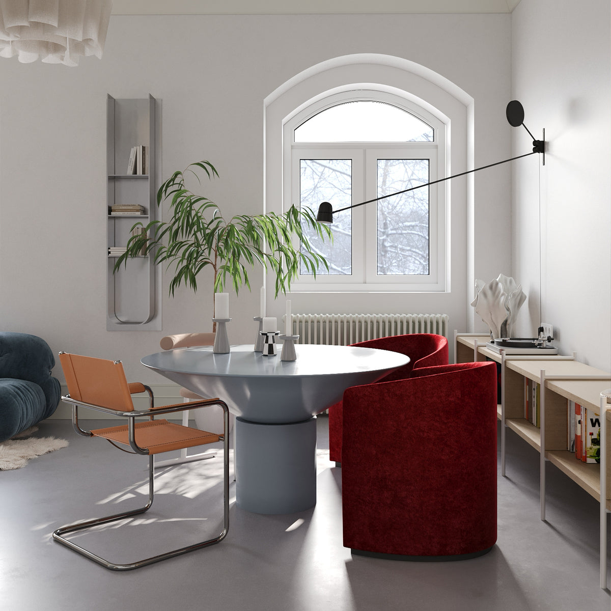 Silo Dining Table in grey lacquer with a red velvet armchair and tubular chair