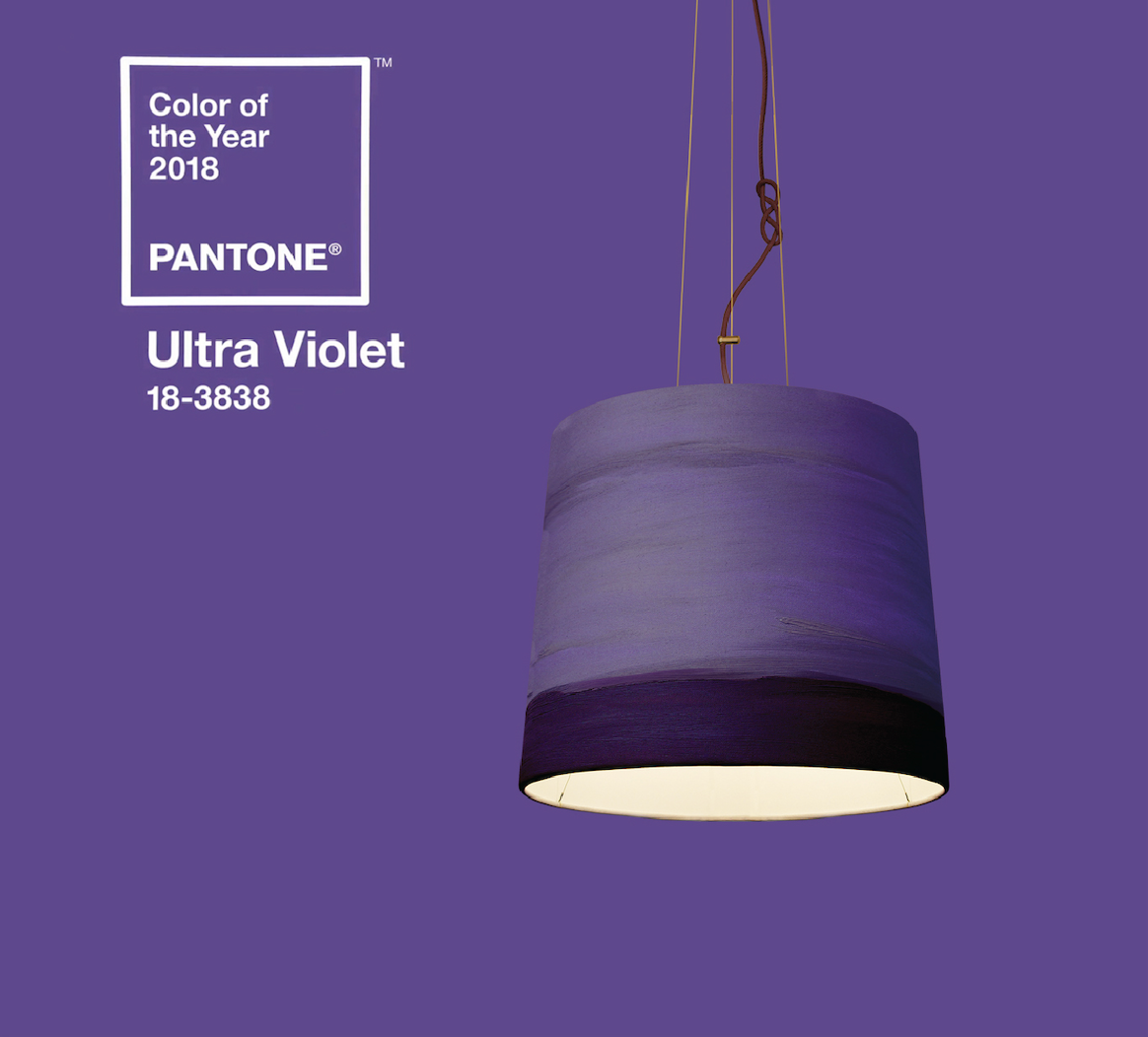 Mammalampa Sisters Pendant Light in Evening, violet shade hanging on an ultra violet backdrop