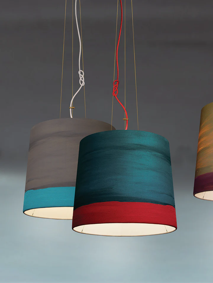 Mammalampa Sisters Pendant Light Medium in Aurora, teal shade with red band in a cluster of grey and mustard shades