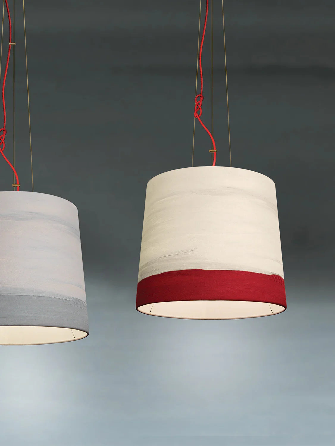 Mammalampa Sisters Pendant Light Medium - Sunrise, cream canvas shades with red painted bands