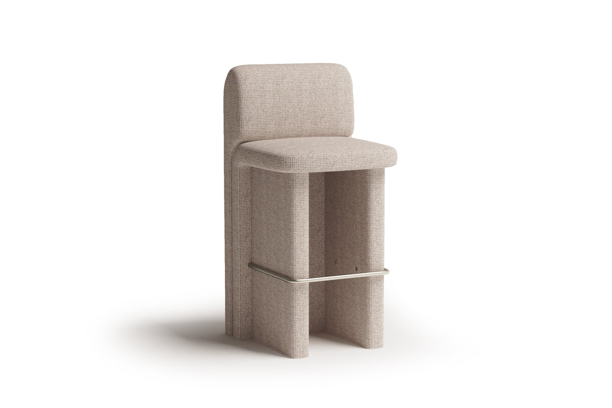 Slide Bar and Counter Chair in taupe fabric with polished nickel footrest by Maison Burgos
