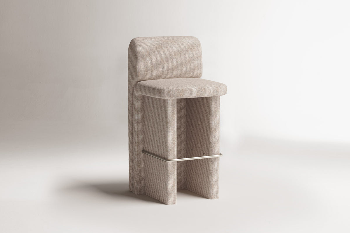 Slide Bar and Counter Chair in taupe fabric, studio view, by Maison Burgos