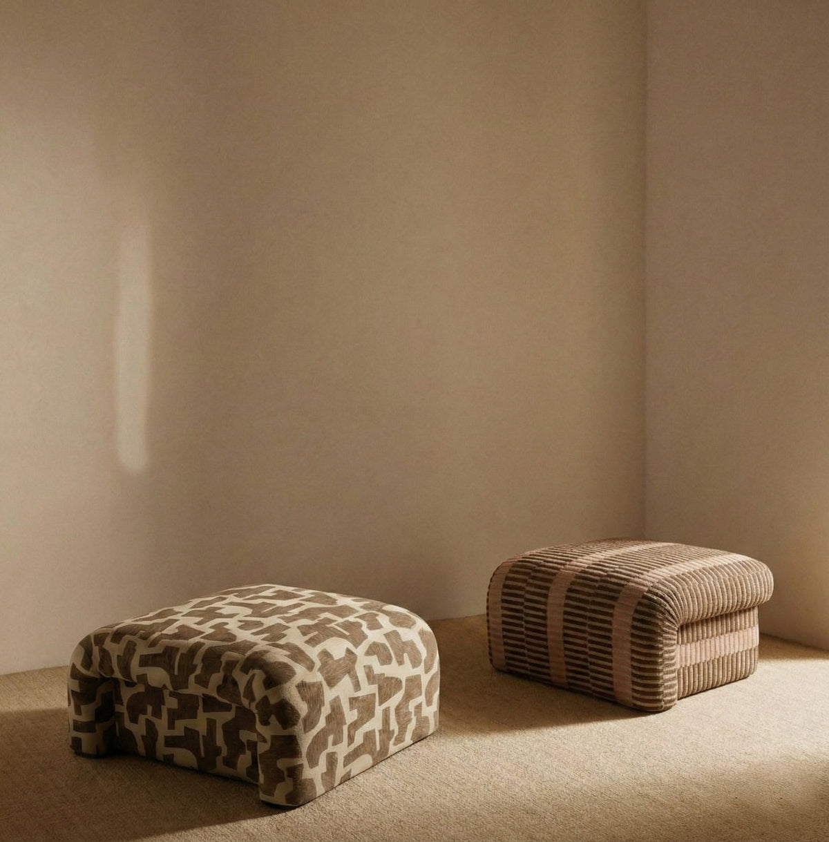 Slide Ottoman pair in patterned and striped fabrics by Maison Burgos