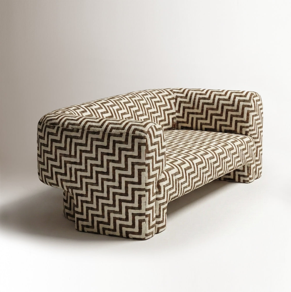 Slide Sofa in patterned fabric, three-quarter view, by Maison Burgos