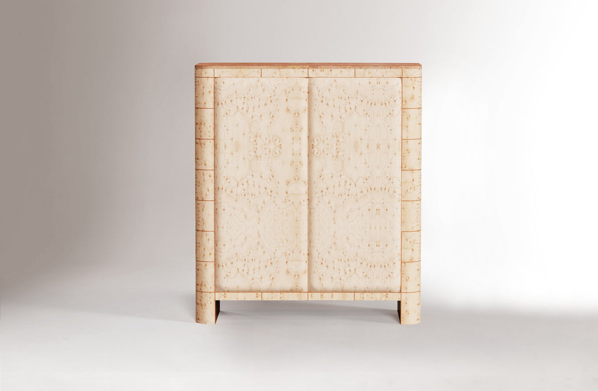 Soft Cage Bar Cabinet in Birds Eye Wood veneer, front view