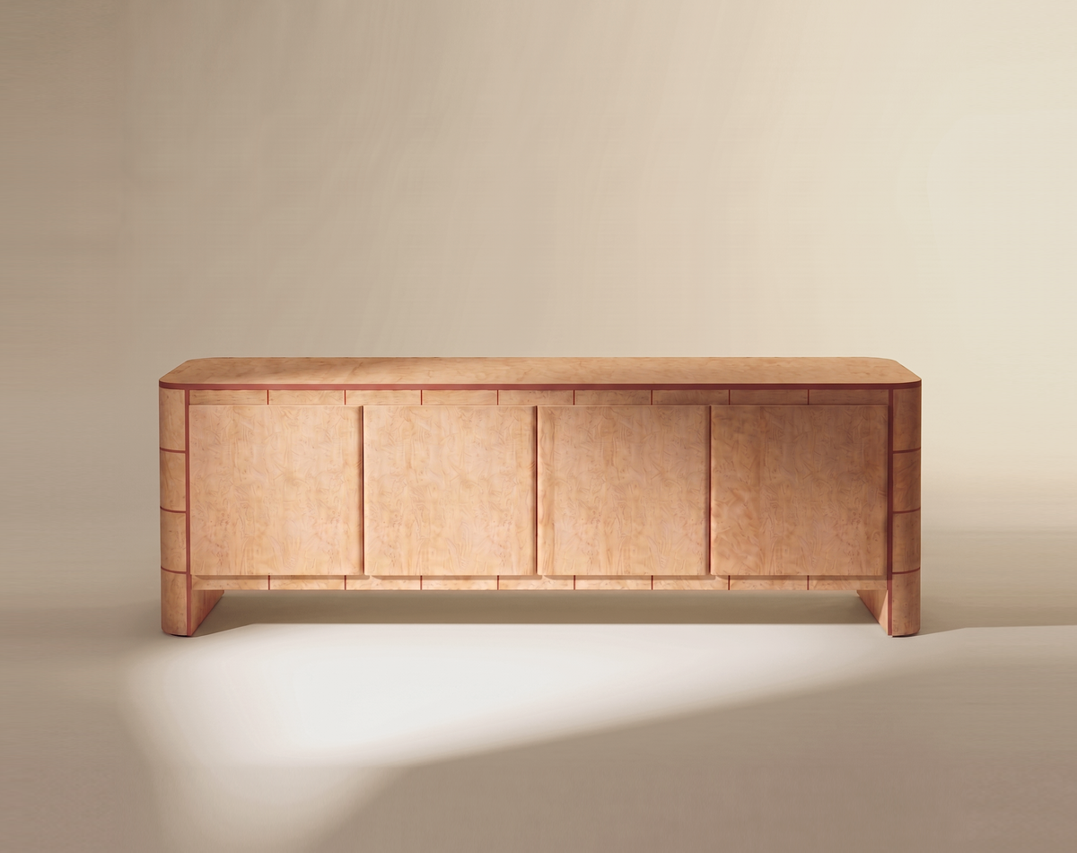 Soft Cage Sideboard in birds eye wood and watermelon lacquer, angle view, by Maison Burgos