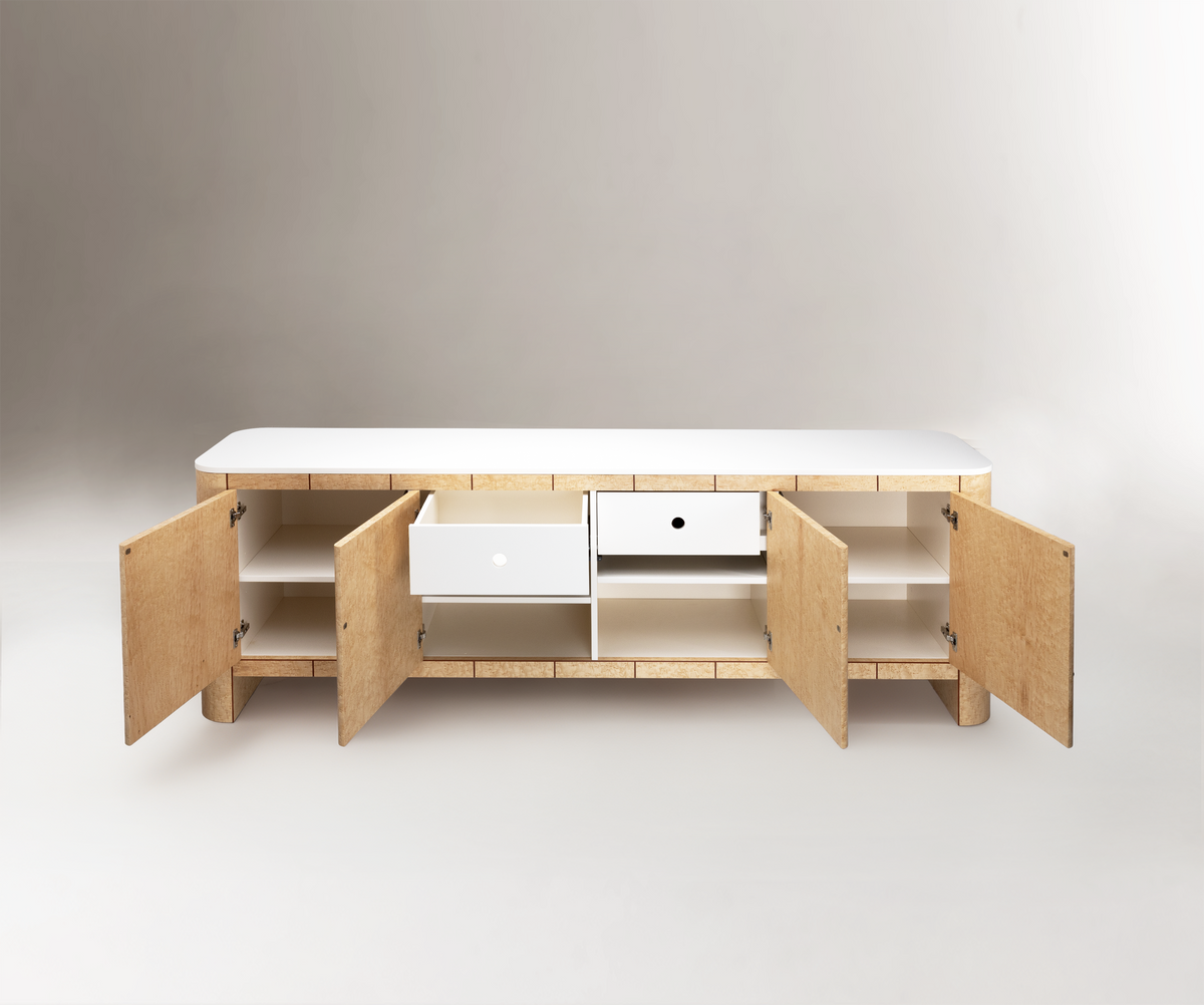 Soft Cage Sideboard inside view with white lacquer by Maison Burgos