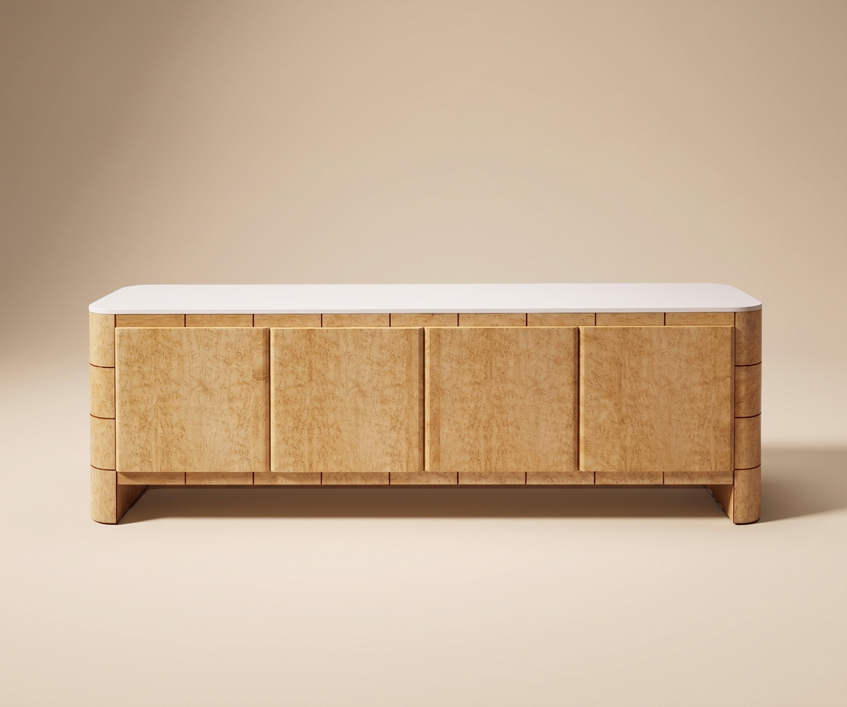 Soft Cage Sideboard in birds eye wood with white lacquer top by Maison Burgos