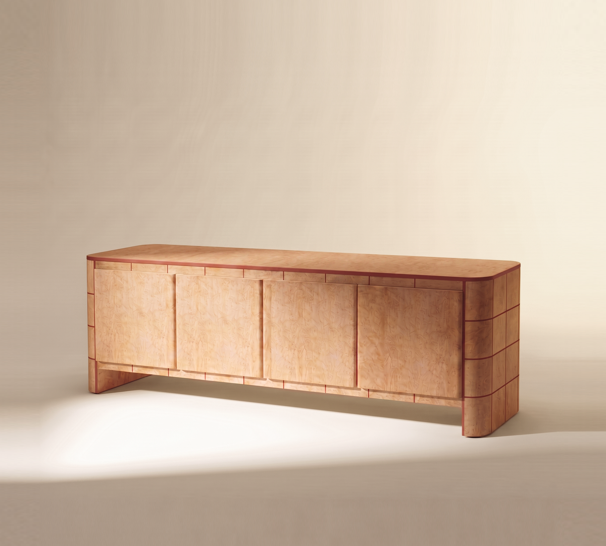 Soft Cage Sideboard birds eye wood and wine lacquer detail by Maison Burgos