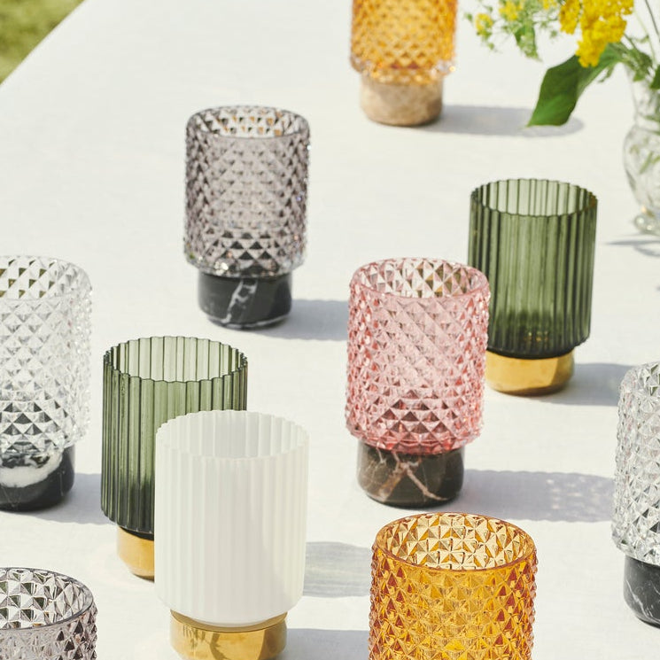 Sons of Brass Candle Holder hurricane in Army, Smoke and Opal with other glass holders