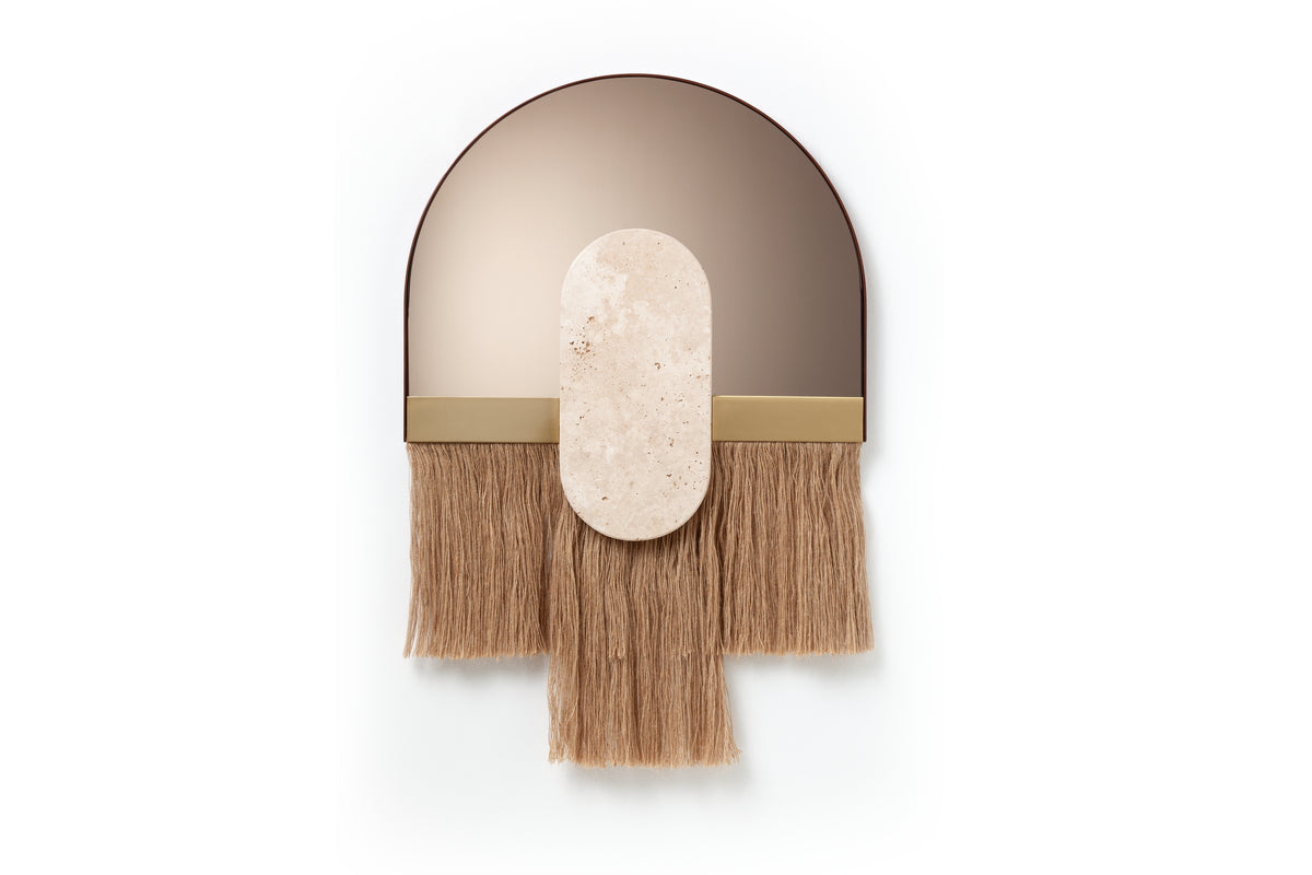 Souk Ecru Mirror Cream with split-tail fringe, front view on white
