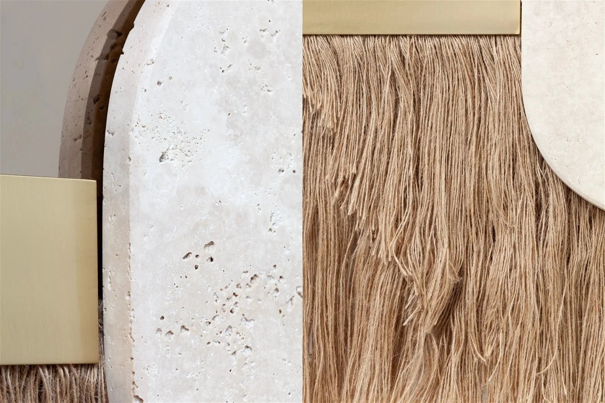 Souk Ecru Mirror Shell side detail of the travertine oval and brass band