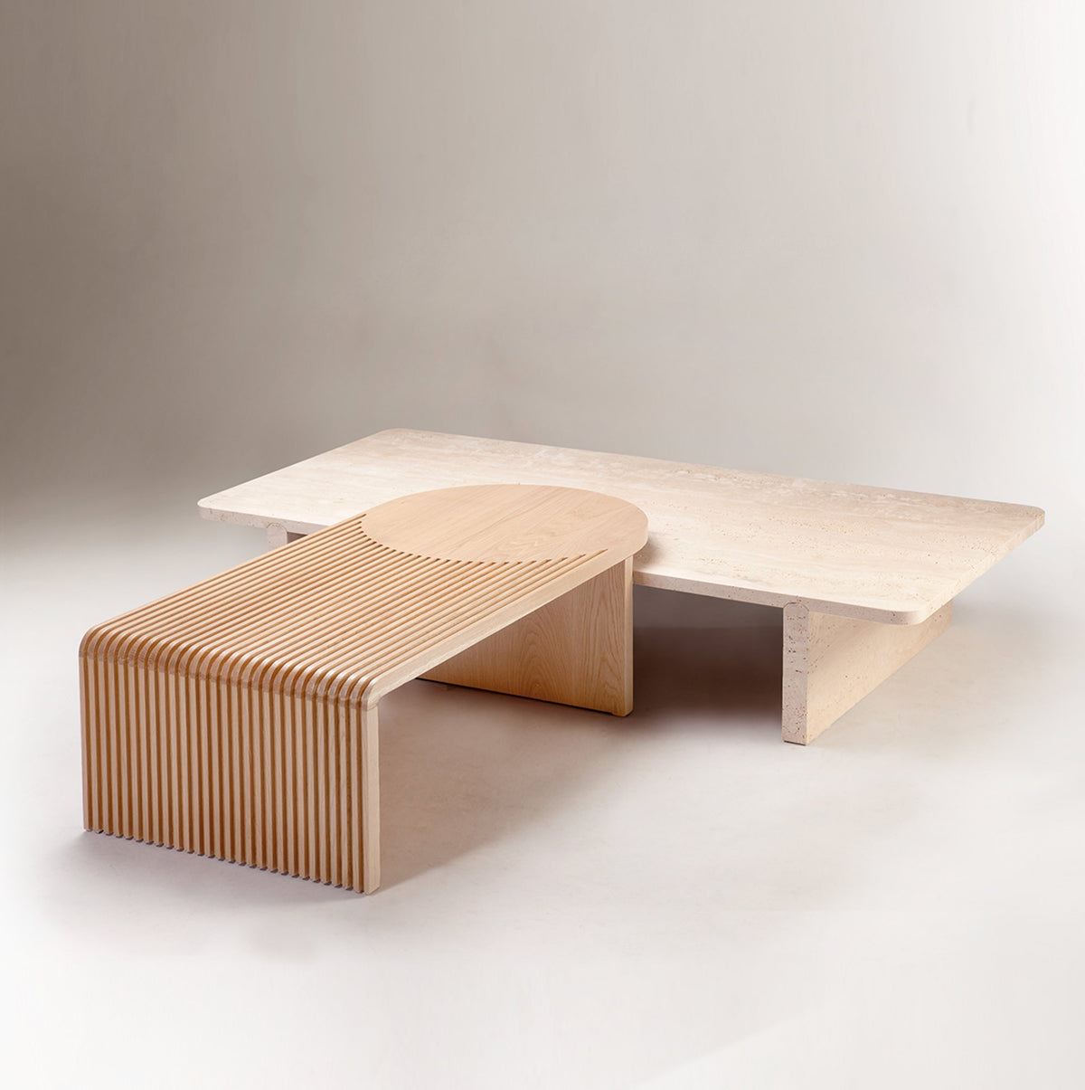 Stick and Stone Coffee Table in Natural Oak and Travertine, fluted wood side view