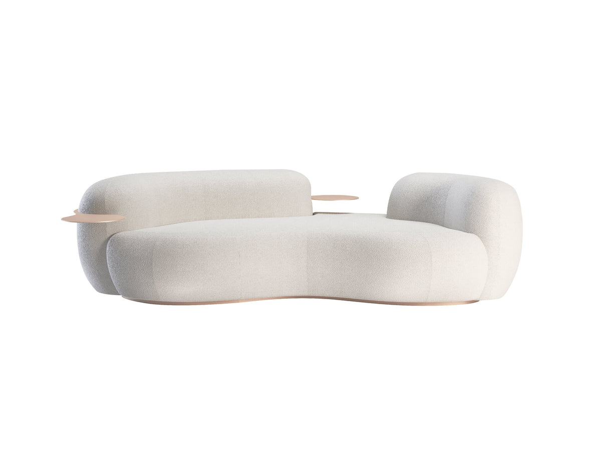 Tateyama Curved Sofa in white boucle with champagne-finish trays, front view
