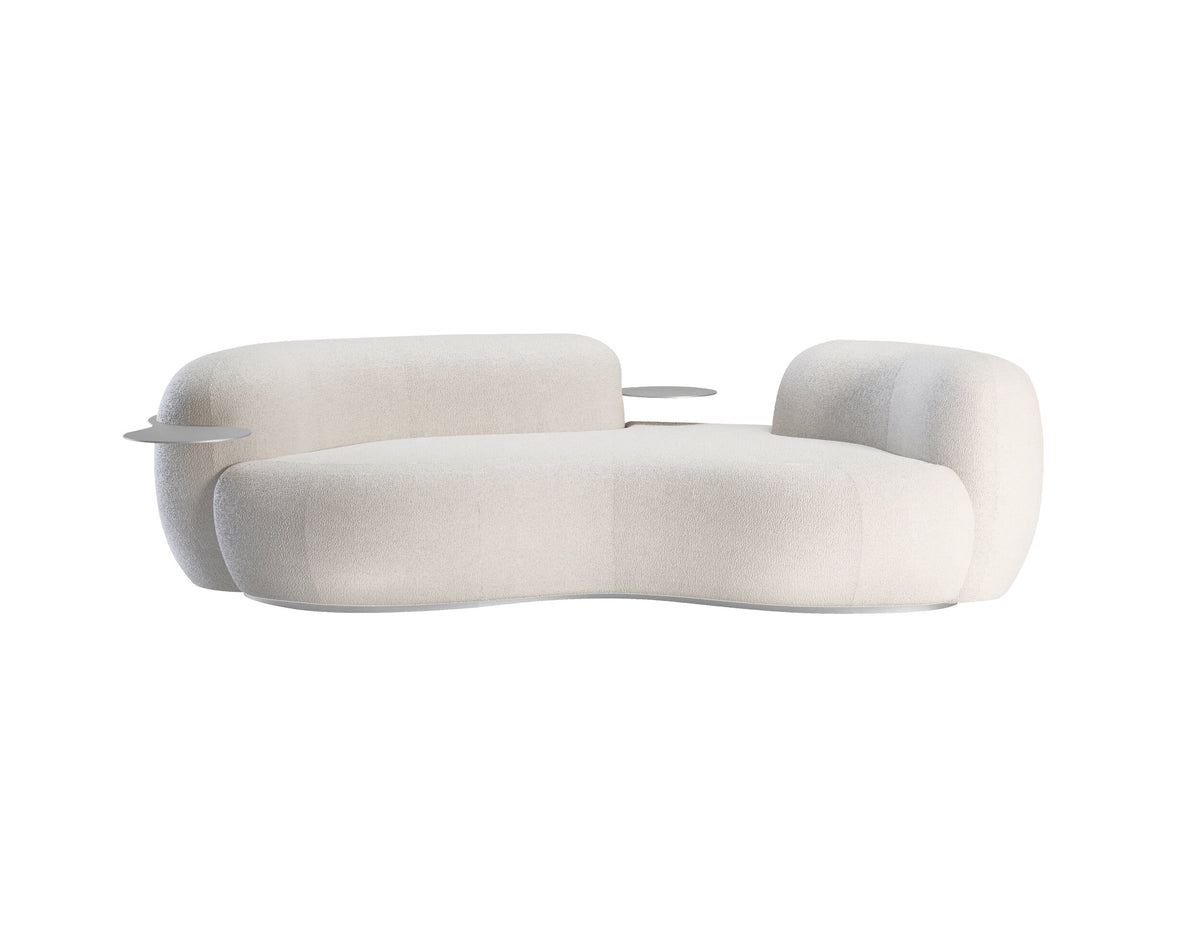 Tateyama Curved Sofa in white boucle with silver-tone trays, front view