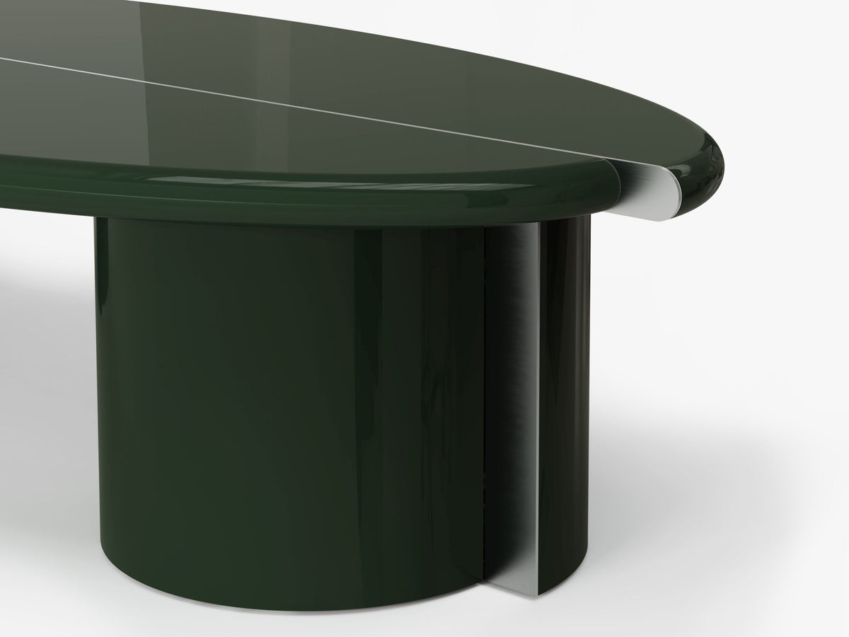 Tayma Coffee Table close-up of the Bottle Green base and metal trim