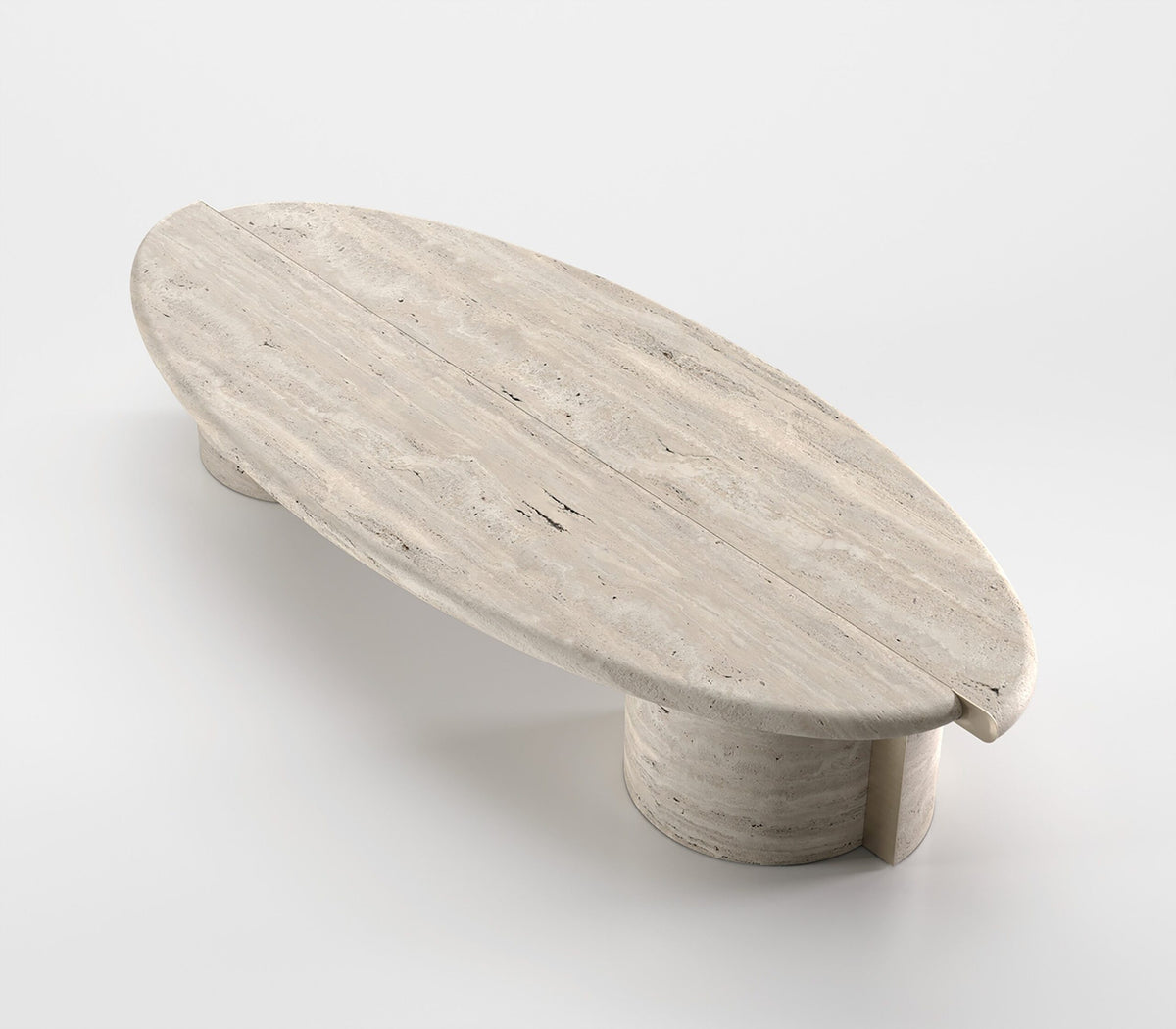 Tayma X Coffee Table in travertine finish, high angle view