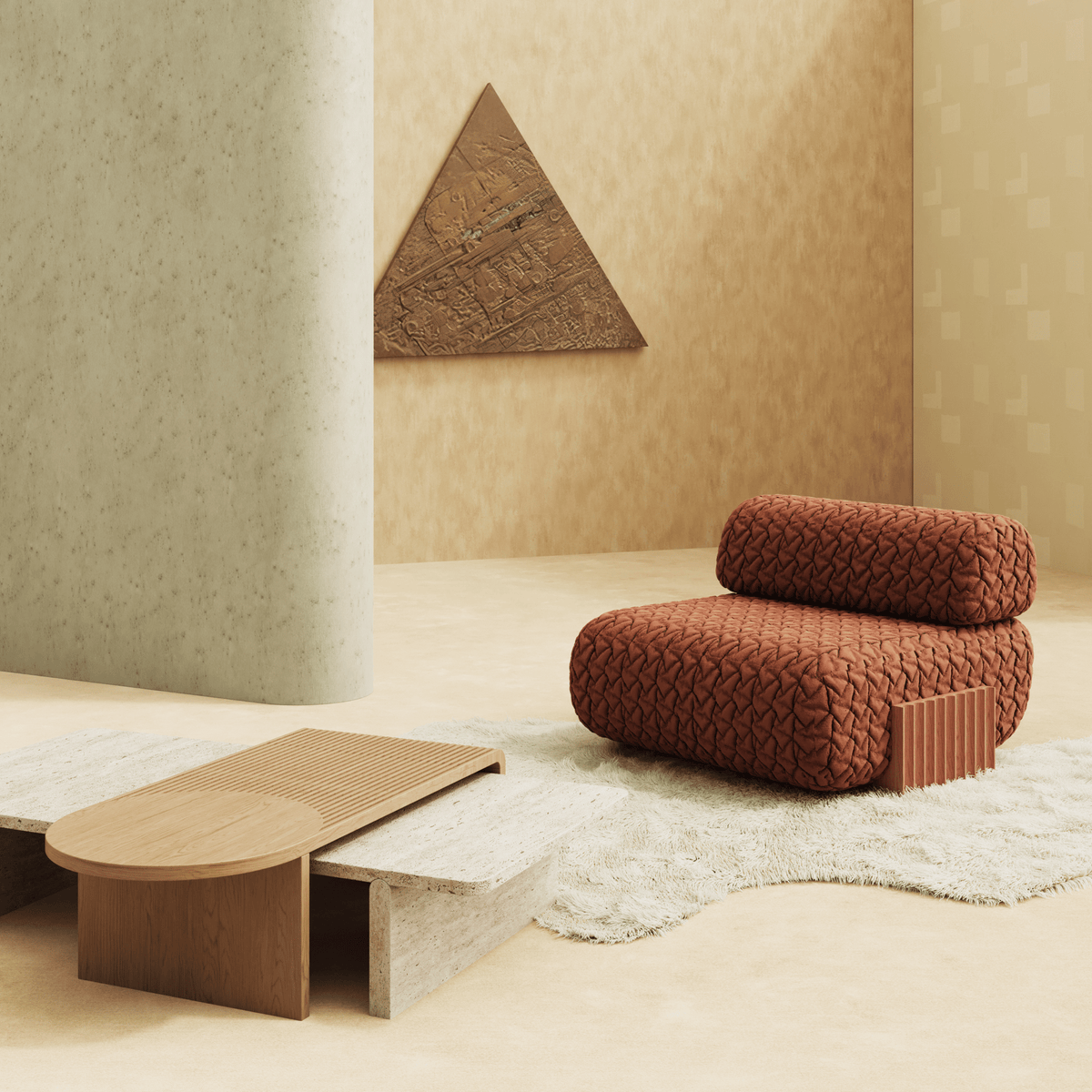 Stick and Stone Coffee Table in Natural Walnut and Travertine with a terracotta bouclé chair