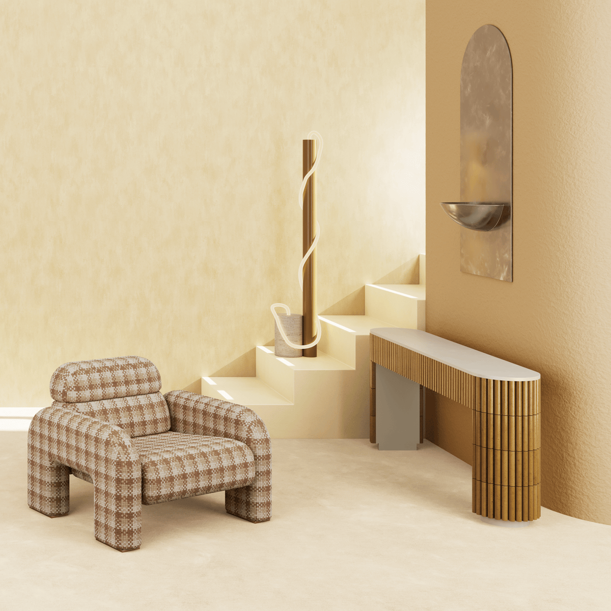 Vertigo Armchair in plaid fabric in a warm beige room beside a console