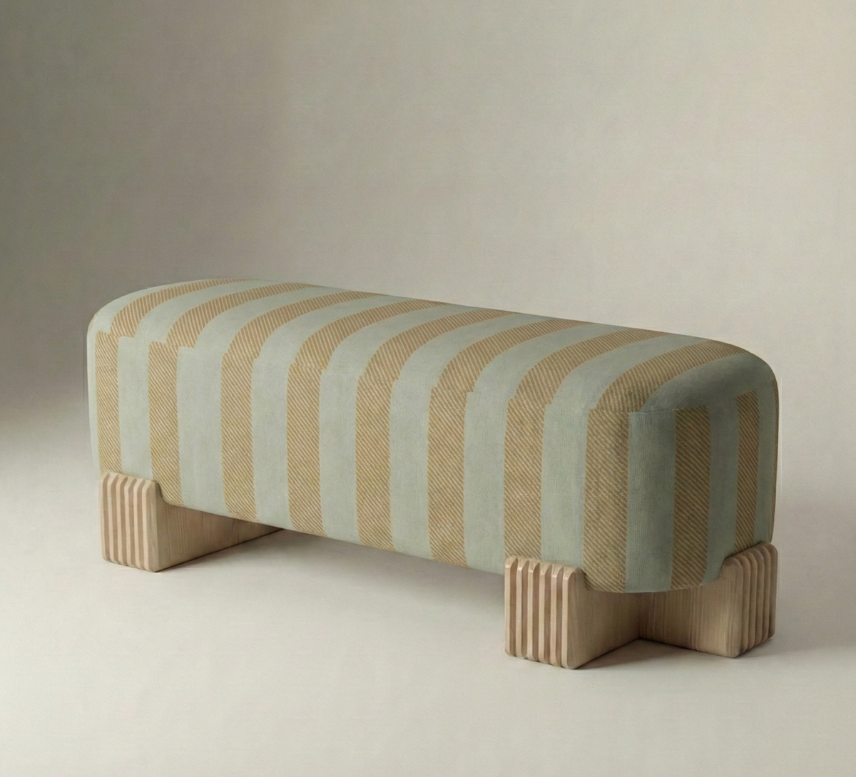 Twin Bench in Pavillion Oasis stripe with natural ash feet by Maison Burgos