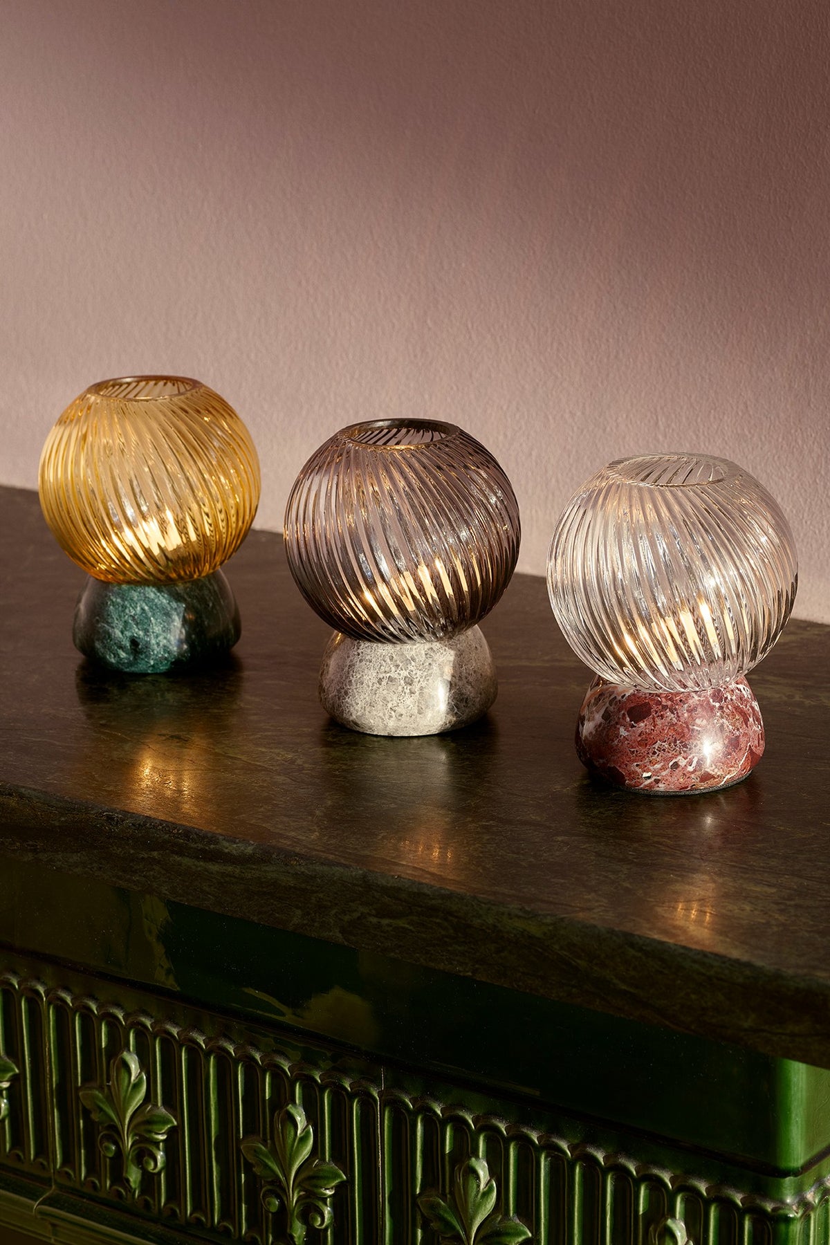 Twist of Marble Candle Holder lit by Maison Burgos