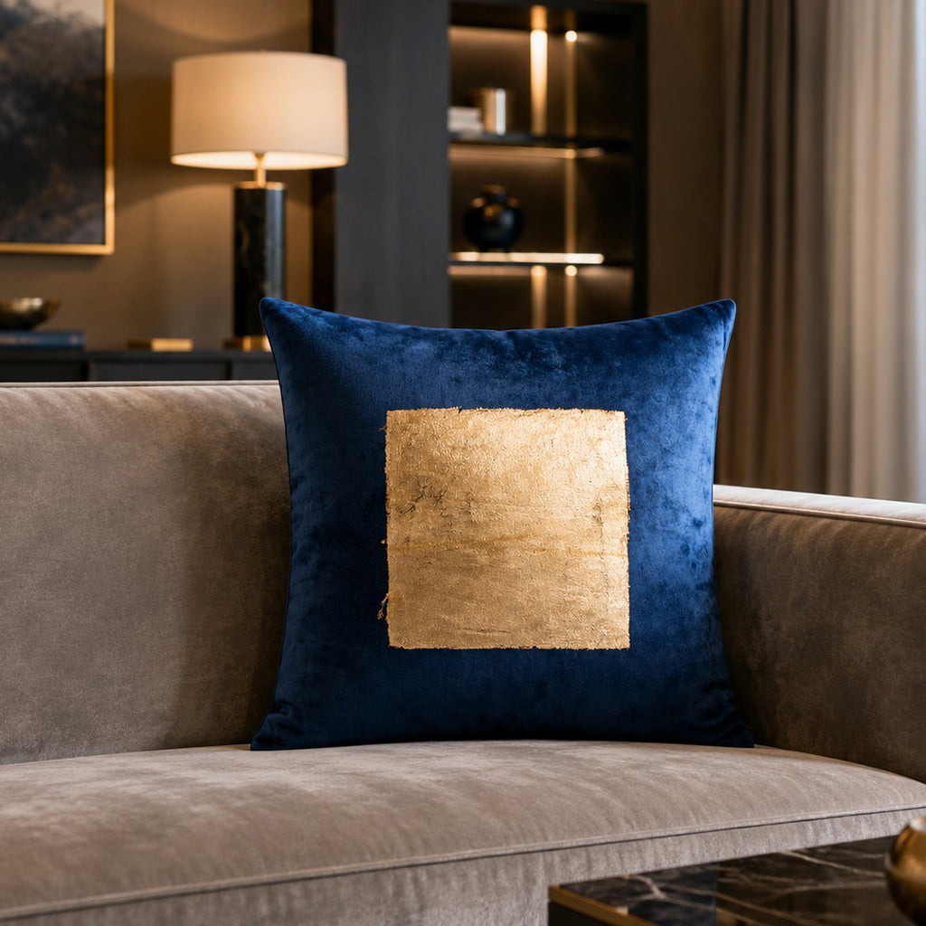 Verona Pillow, Navy Gold, styled in a living room by Maison Burgos