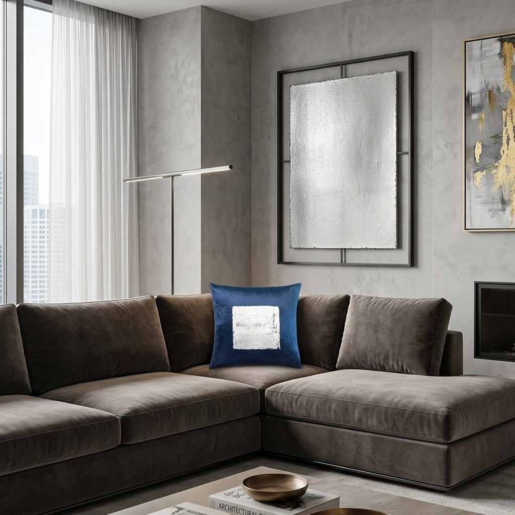 Verona Pillow, Navy Silver, styled in a living room by Maison Burgos
