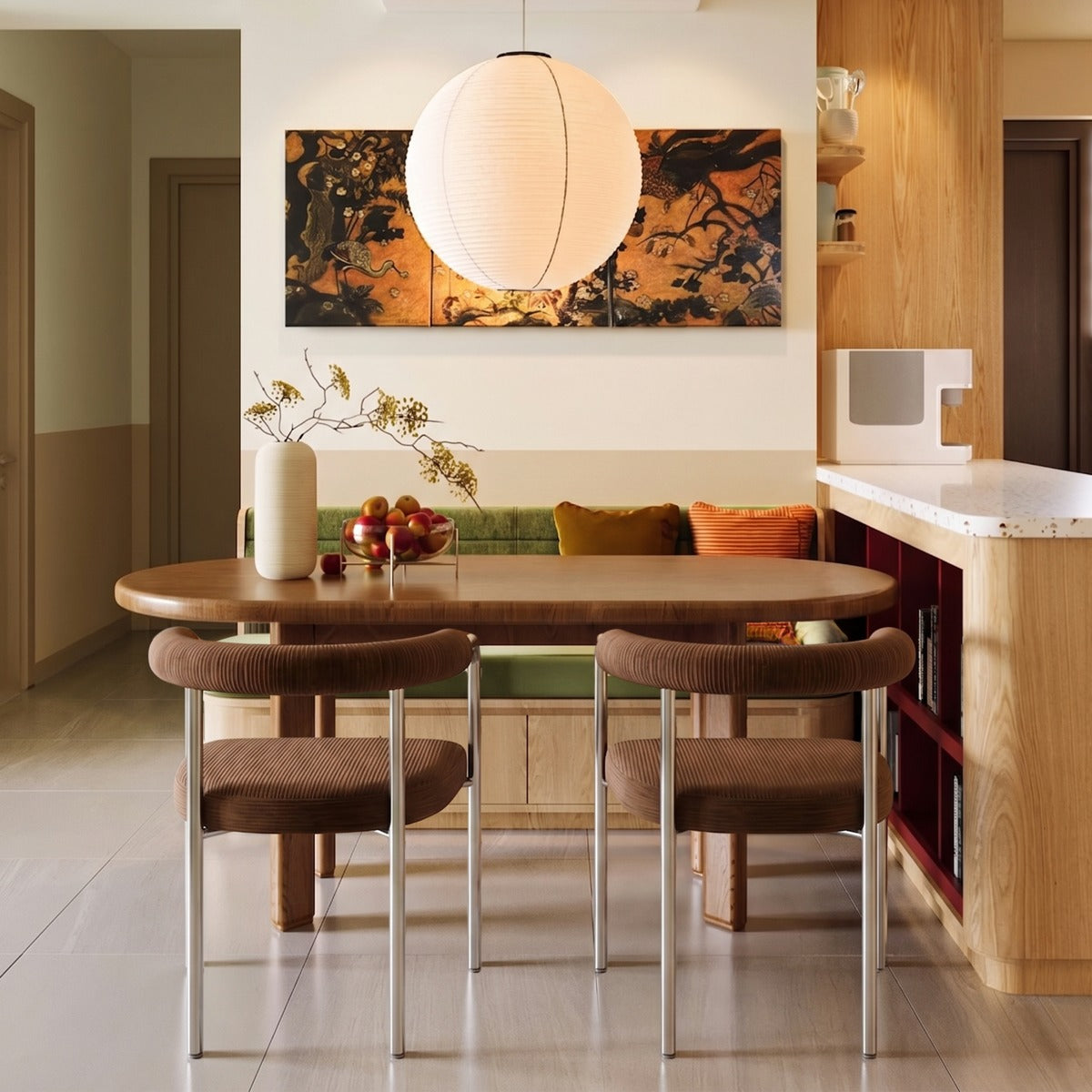 Volta Dining Chairs in Orion III Clove around a dining table by Maison Burgos