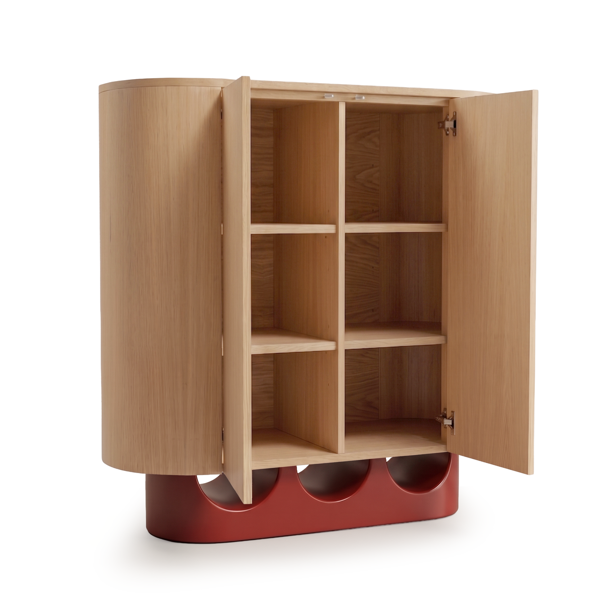 Wave Bar Cabinet open doors showing shelved interior by Maison Burgos