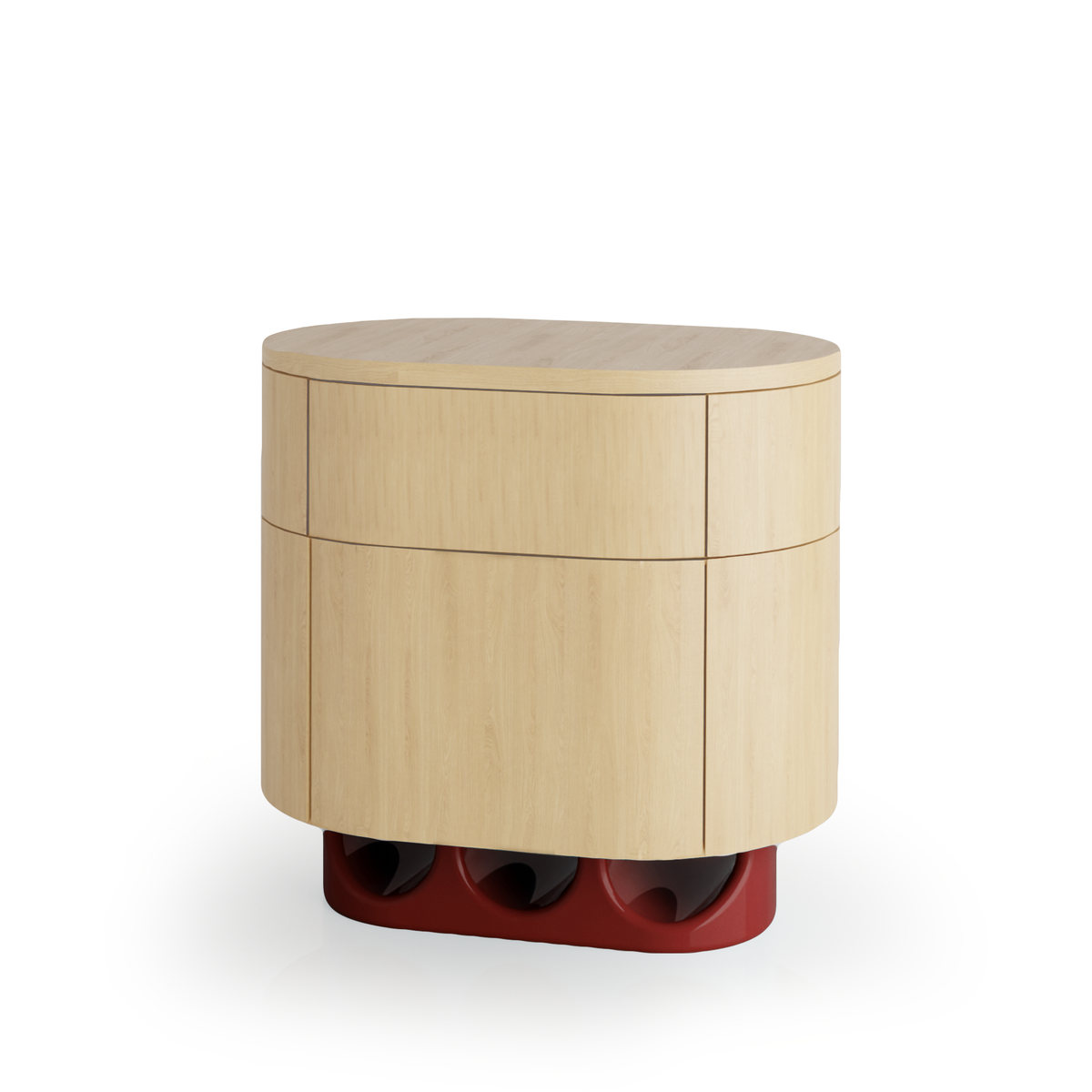Wave Bedside Table natural oak with wine lacquer base by Maison Burgos