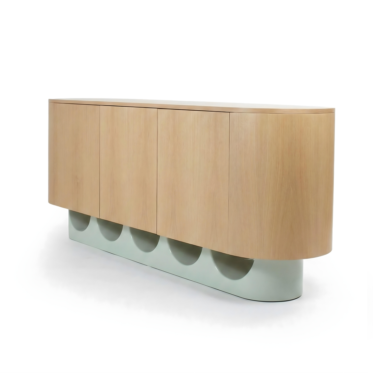 Wave Sideboard natural oak with jade lacquer base angle view by Maison Burgos