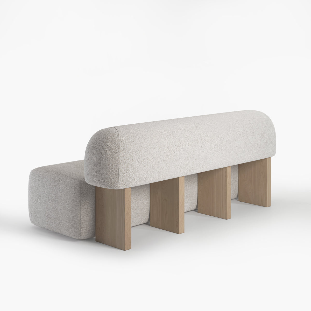 Yemeni Sofa in light grey Soft Bouclé with White Oak legs, rear three-quarter view