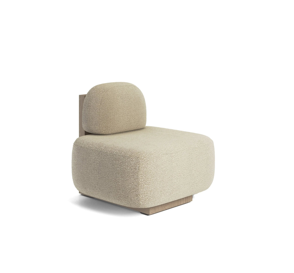 Yoshida Lounge Chair in cream boucle with a wood side panel, three-quarter view